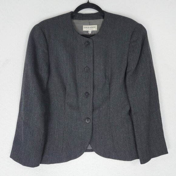 Giorgio Armani Jacket Womens 10 Gray Italian Wool Herringbone Collezioni Blazer - Picture 1 of 14